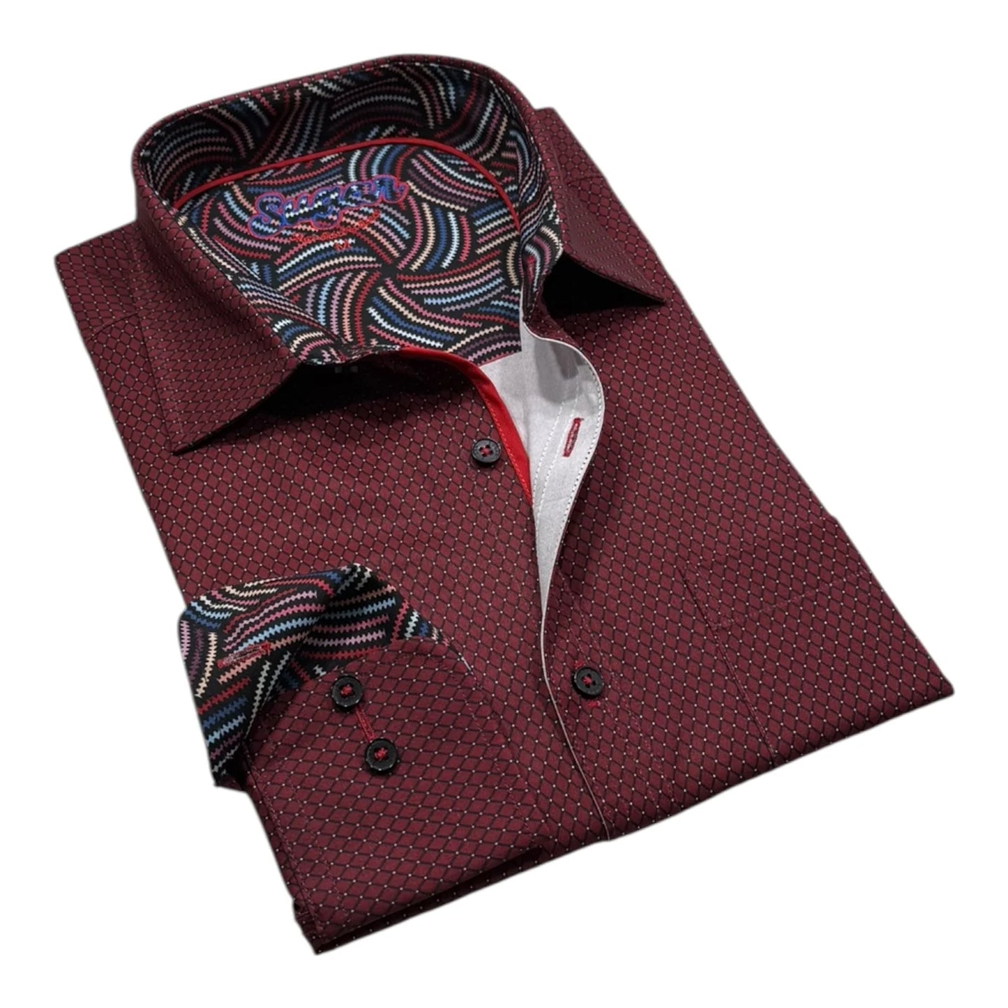 Maroon dress shirt with patterned collar and cuffs on a white background