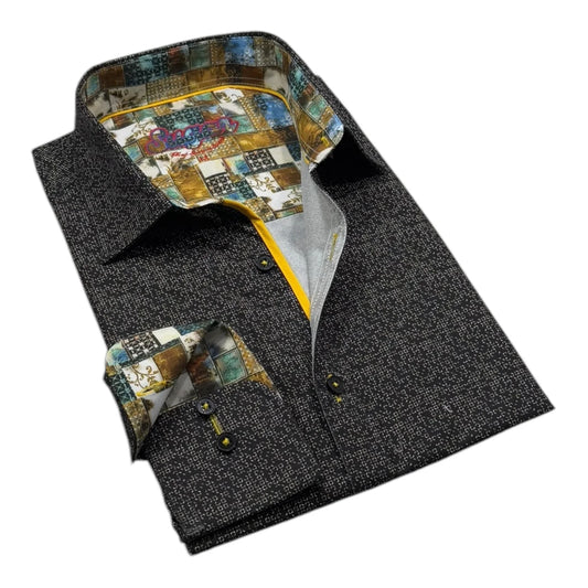 Folded gray textured shirt with colorful patchwork collar and cuffs on a white background