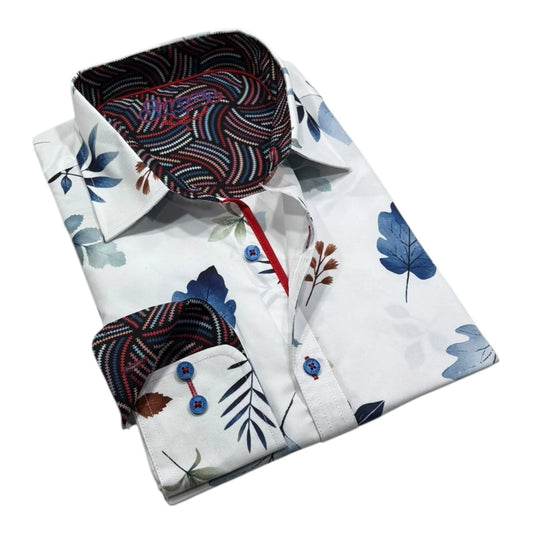 Folded shirt with floral pattern and patterned collar on a white background