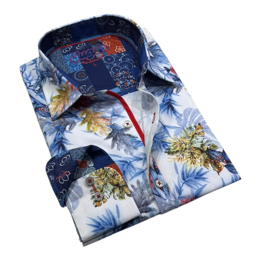 Colorful floral-patterned shirt with a white background