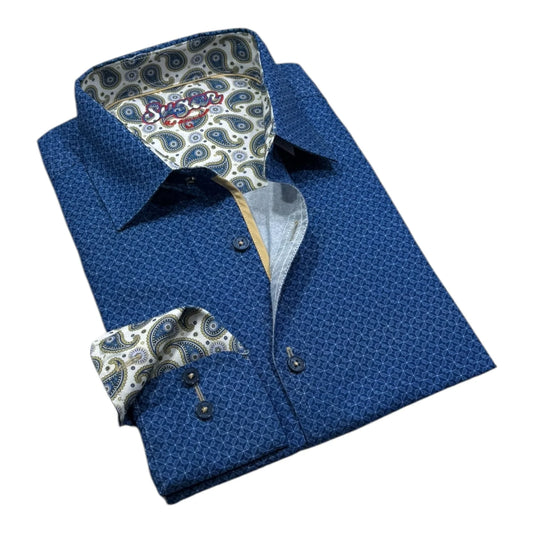 Blue patterned shirt with matching tie and pocket square on a white background