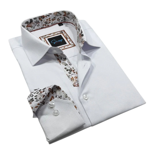 White dress shirt with floral cuffs and collar on a white background