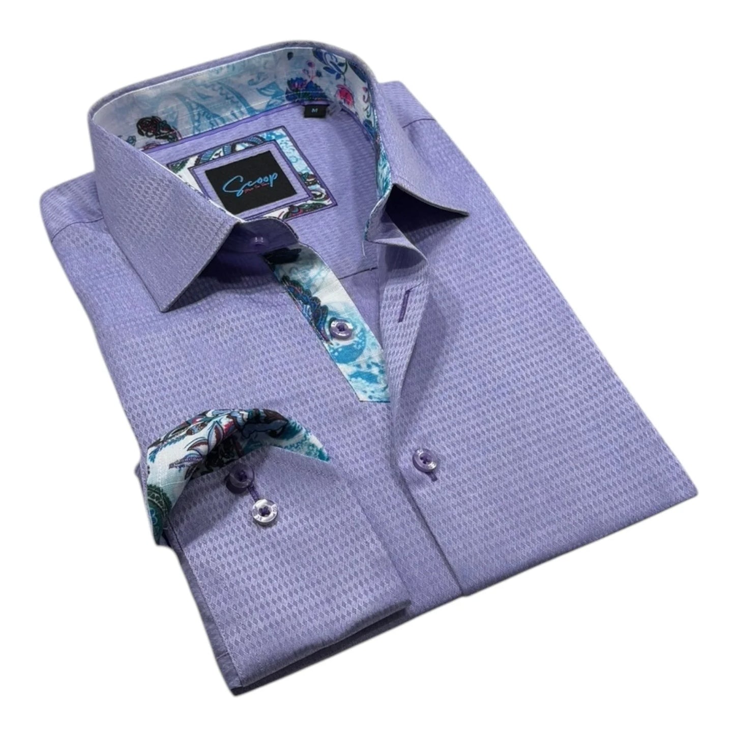 Purple dress shirt with floral accents on a white background