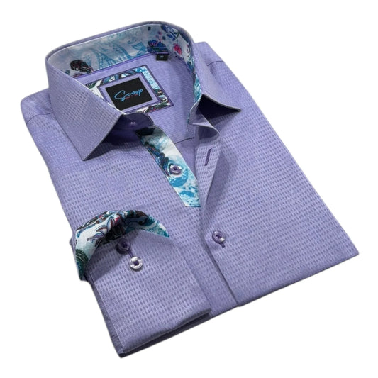 Purple dress shirt with floral accents on a white background
