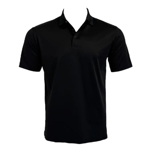 Black polo shirt on a mannequin with a white background