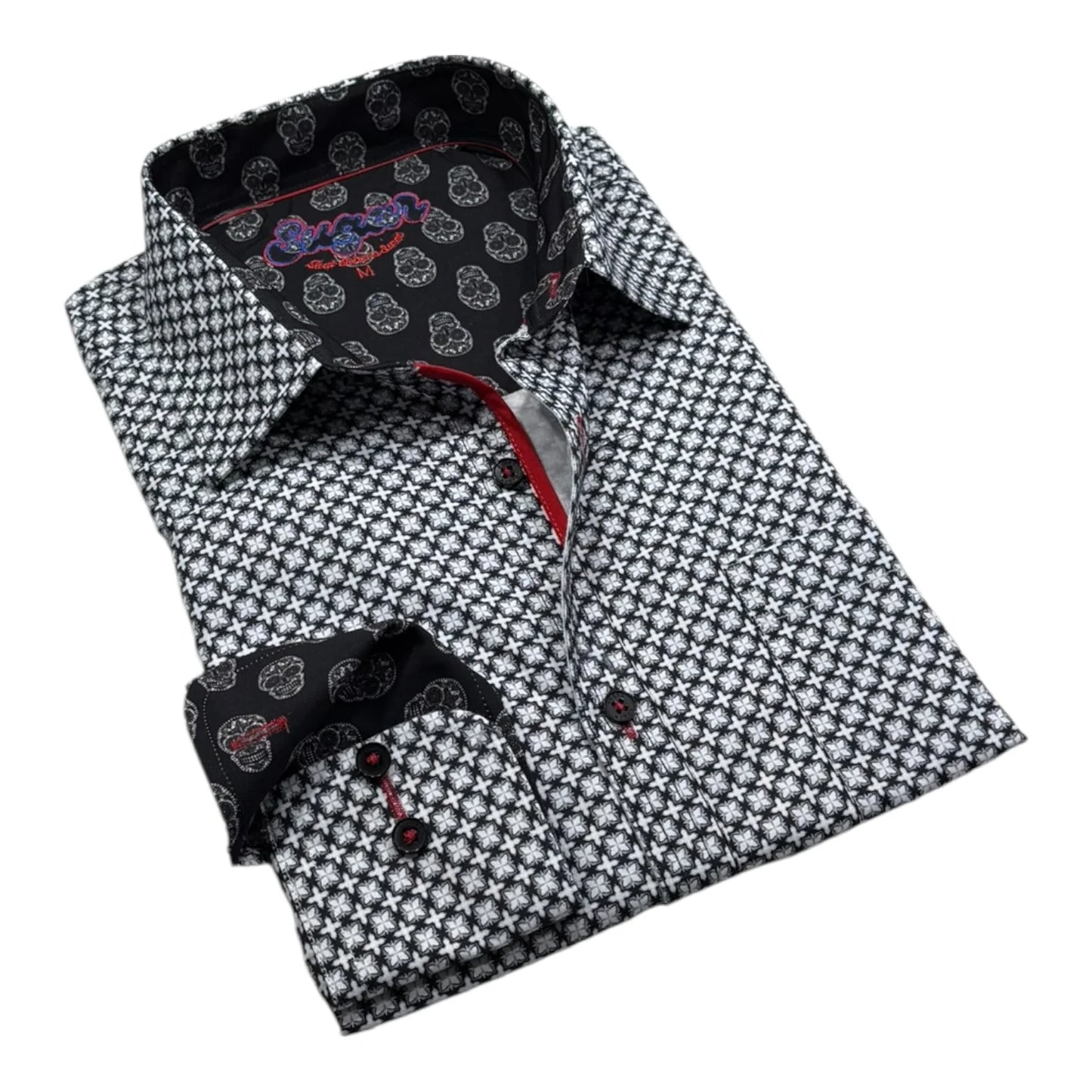 Black and white patterned dress shirt with red accents on a white background