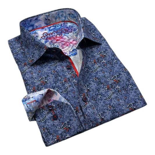 Folded blue paisley shirt with colorful inner lining on a white background