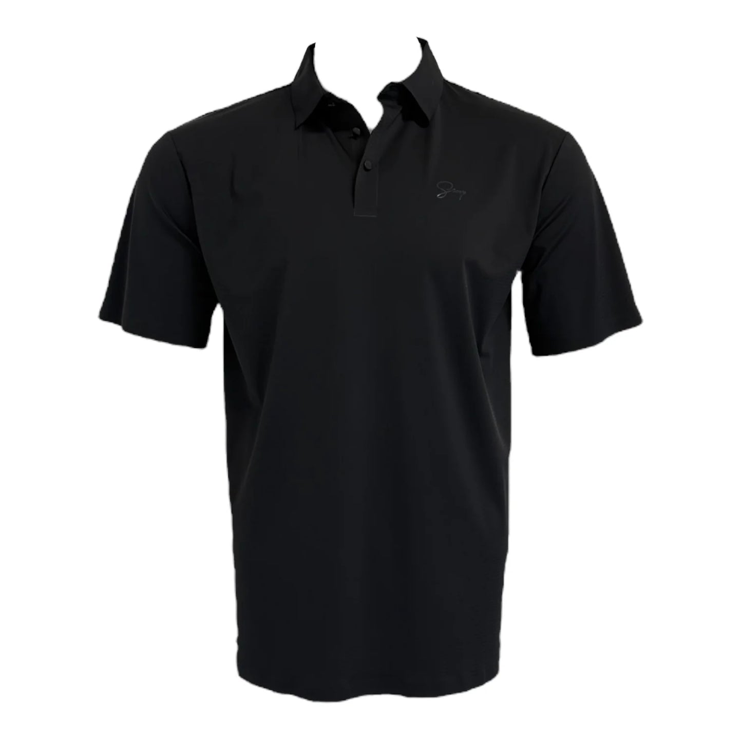 Black polo shirt with a logo on a white background