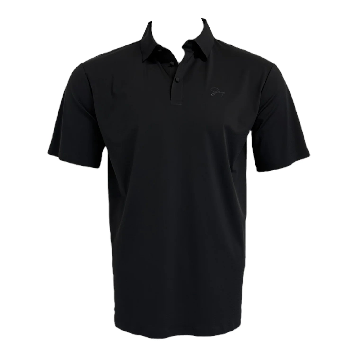 Black polo shirt with a logo on a white background