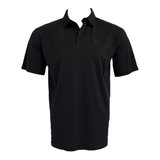 Black polo shirt with a logo on a white background