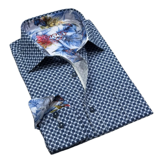 Blue patterned shirt with floral cuffs on a white background