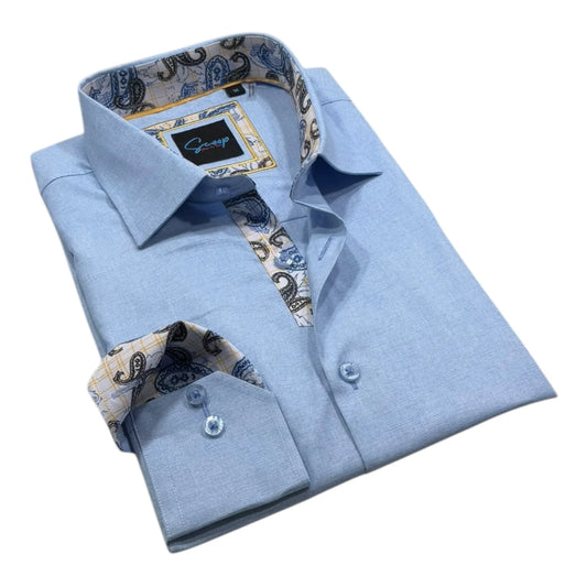 Light blue dress shirt with patterned inner lining on a white background
