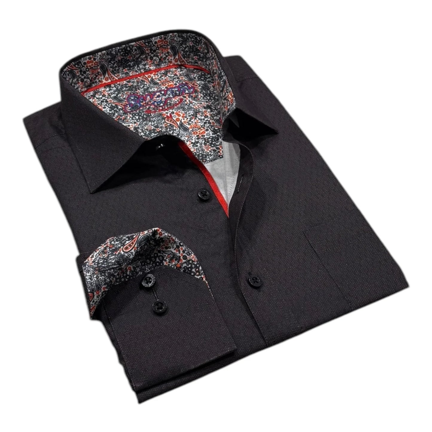 Black dress shirt with patterned cuffs and collar on a white background