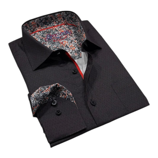 Black dress shirt with patterned cuffs and collar on a white background