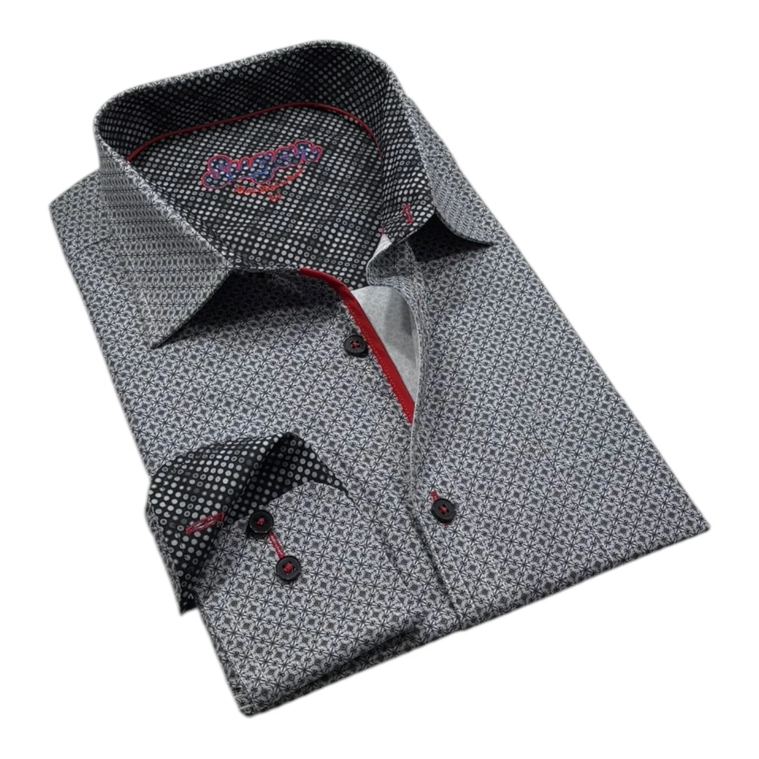Gray patterned shirt with red accents on a white background