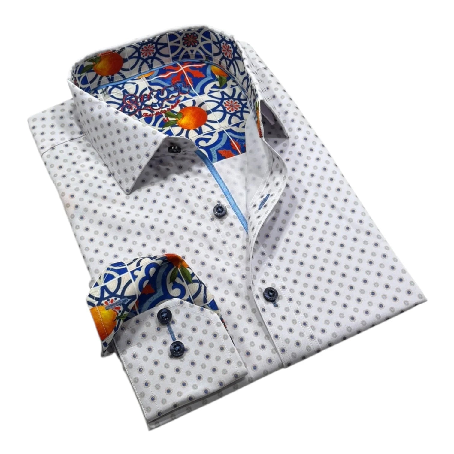 Folded shirt with a patterned collar on a white background