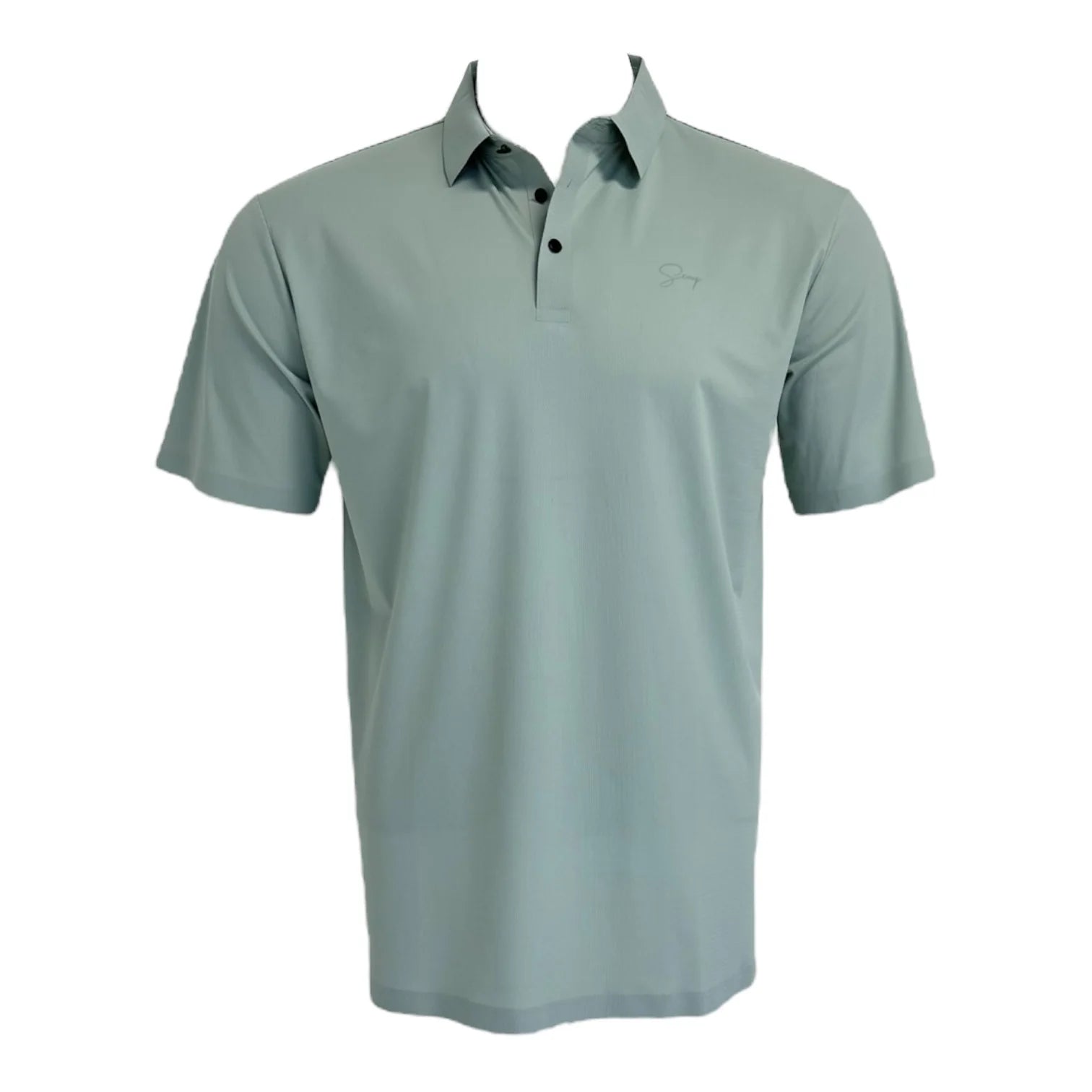 Green polo shirt with a brand logo on a white background