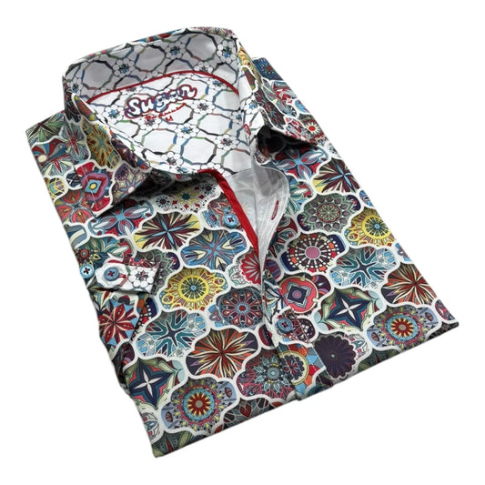 Folded colorful patterned shirt on a white background