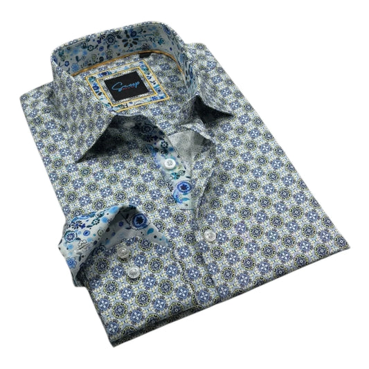 Floral patterned dress shirt with a brand label on a white background