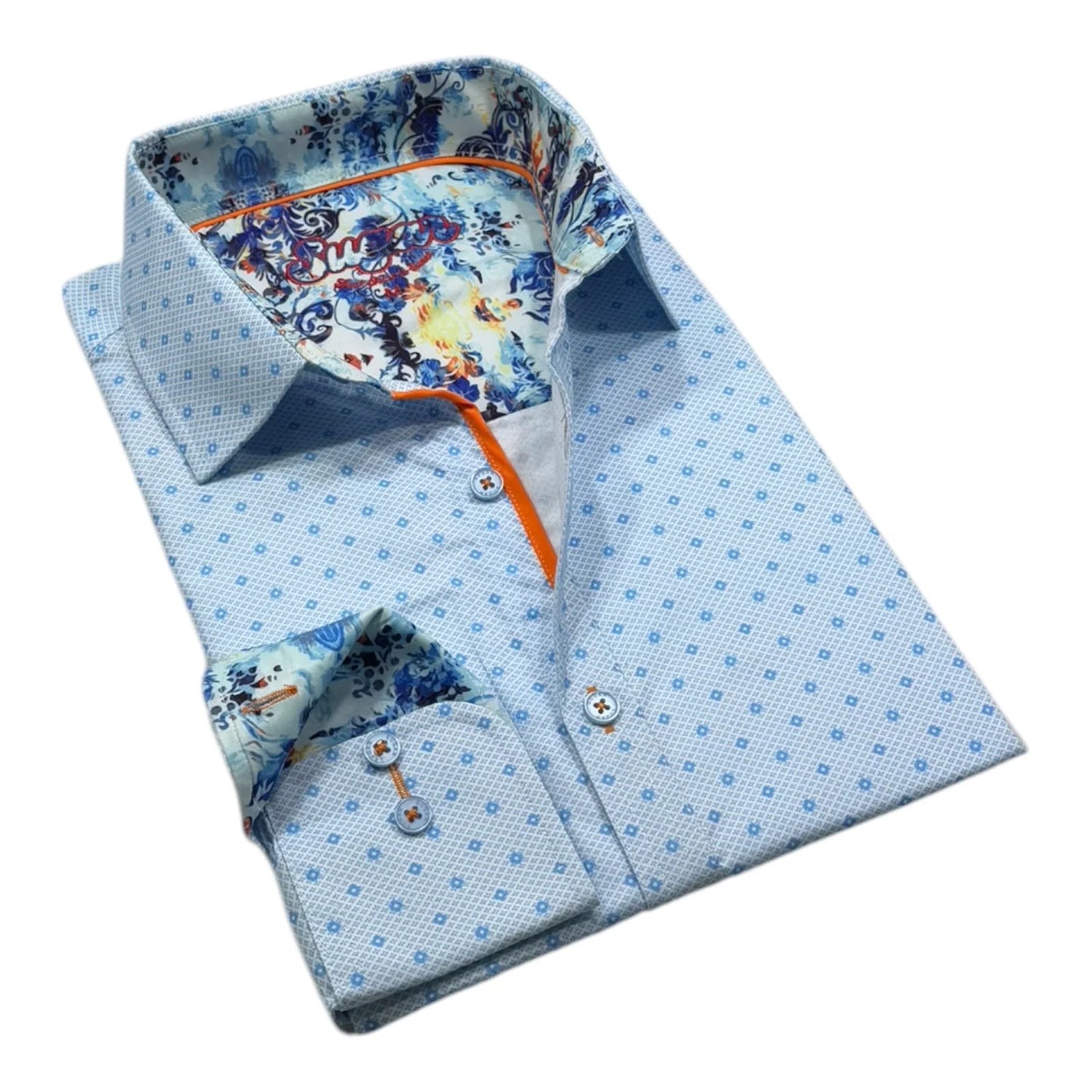 Folded dress shirt with blue geometric pattern and floral inside collar on a white background