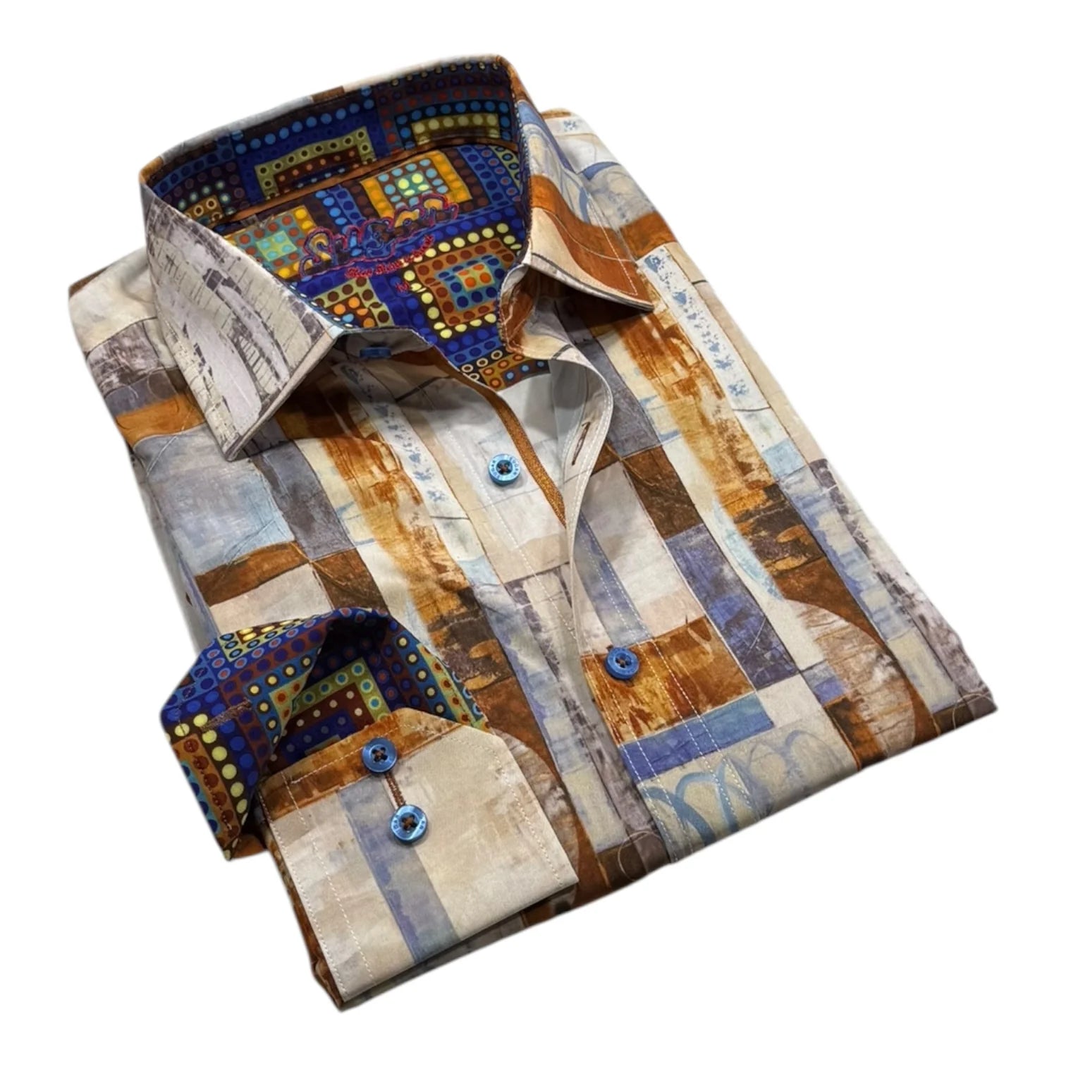 Colorful patterned shirt with geometric design on a white background