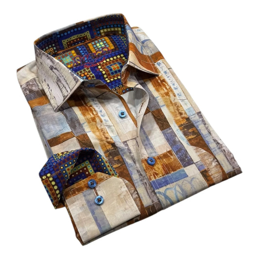 Colorful patterned shirt with geometric design on a white background