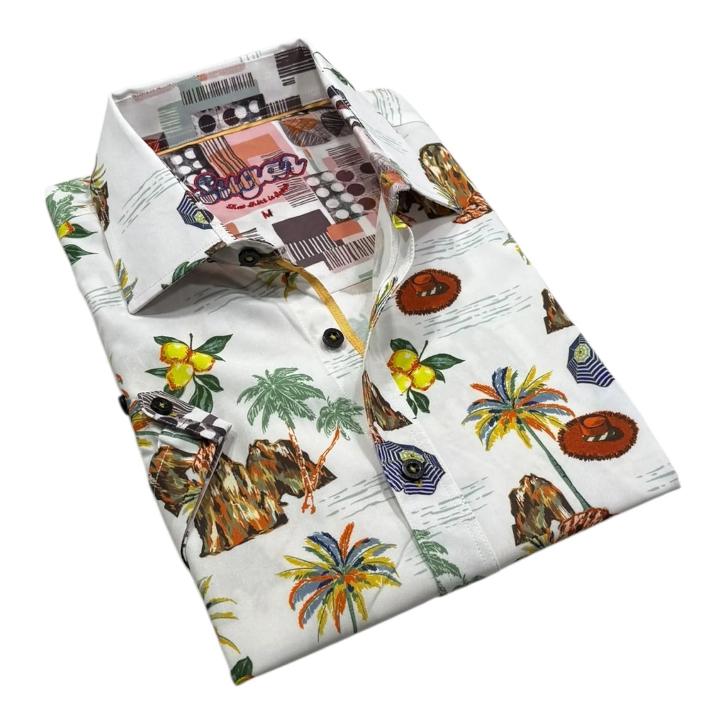 Folded shirt with tropical print on a white background