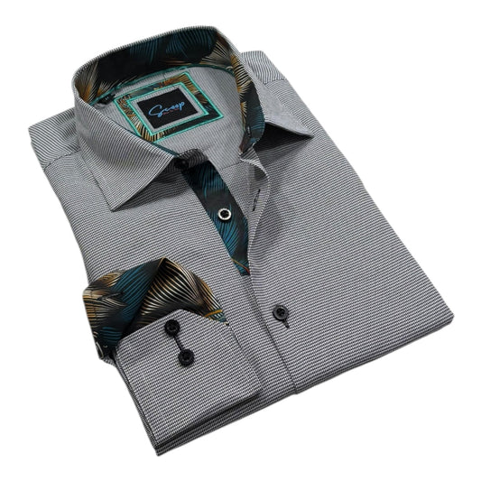 Gray dress shirt with patterned inner lining and cuff on a white background