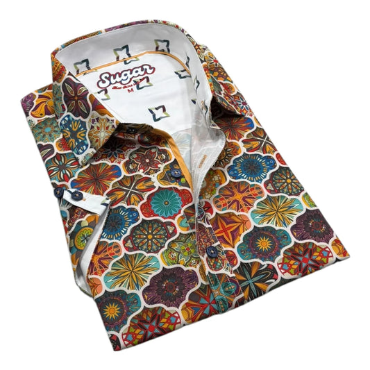 Colorful floral-patterned shirt with 'Sugar' branding on a white background