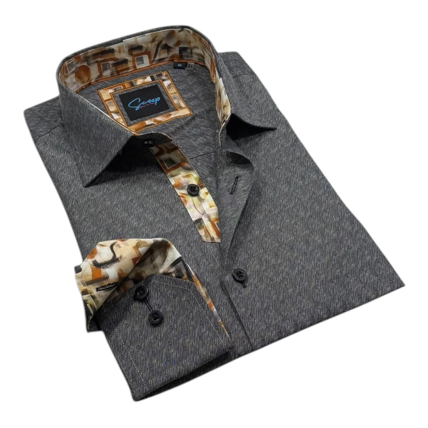 Gray dress shirt with patterned trim and collar on a white background