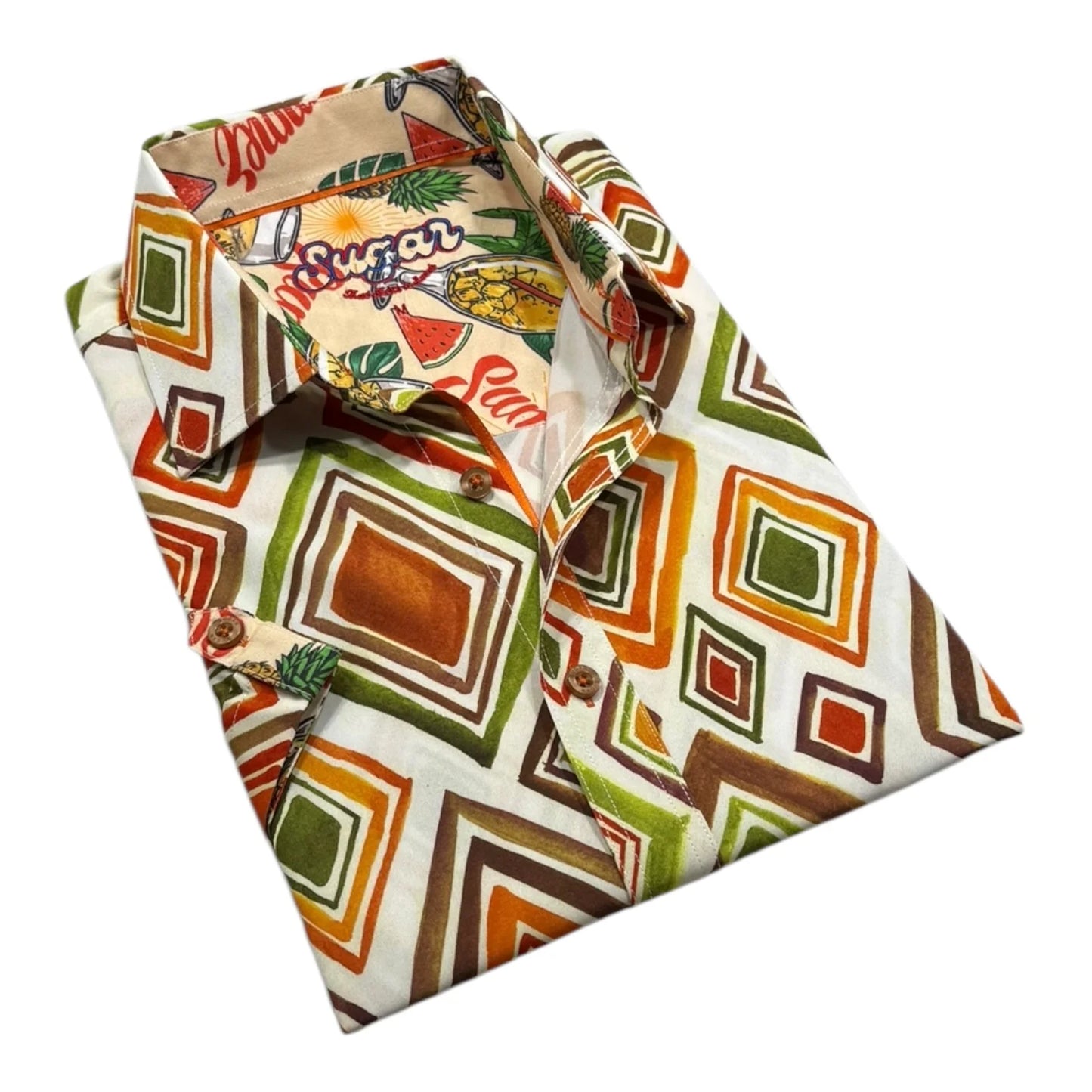 Colorful patterned tie with geometric design on a white background