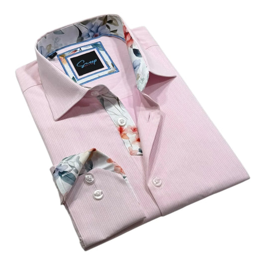 Pink dress shirt with floral inside-out pocket and collar on a white background