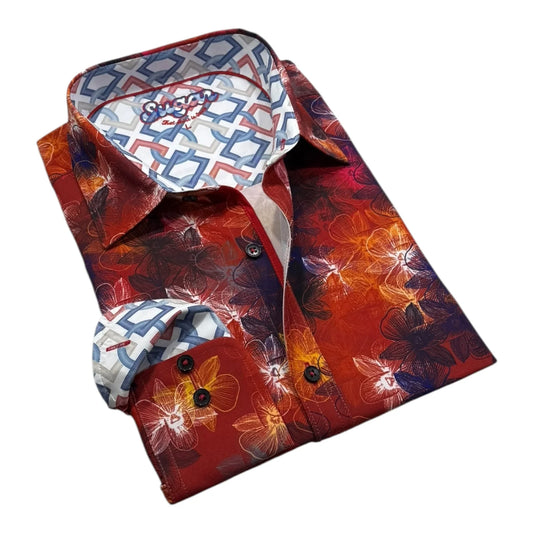 Folded floral patterned shirt with geometric collar on a white background