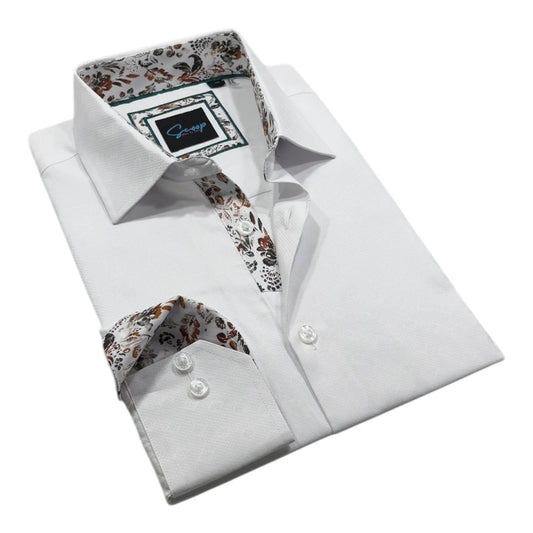 White dress shirt with floral accents on collar and cuffs, displayed open with a branded box.