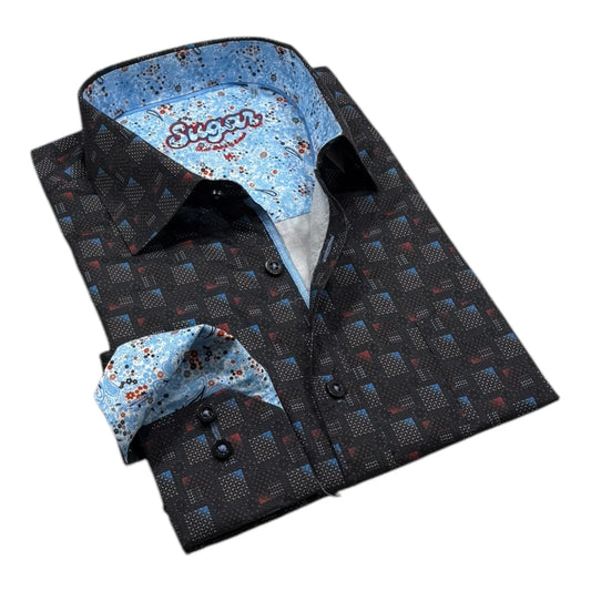 Folded black patterned shirt with blue interior and brand logo on a white background