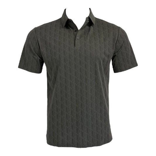 Dark gray patterned polo shirt on a white background