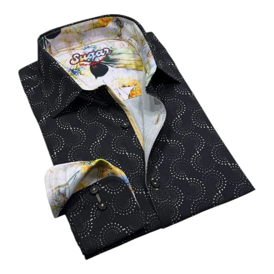 Black patterned shirt with colorful inner lining on a white background