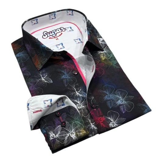 Floral patterned dress shirt with a visible brand logo on a white background