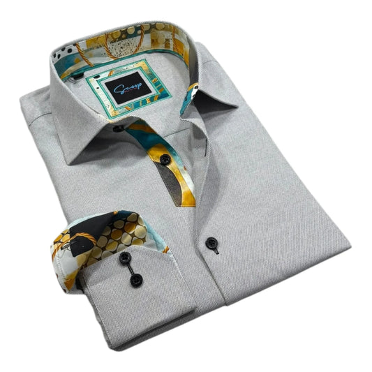 Gray dress shirt with patterned cuffs and collar on a white background