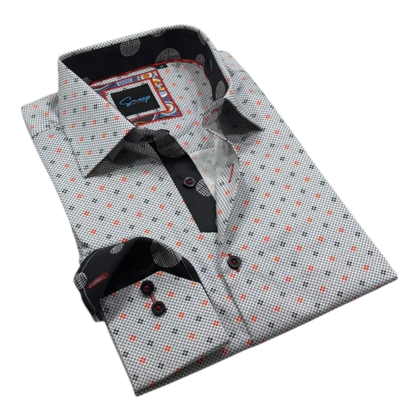 Folded dress shirt with a patterned collar and brand label on a white background