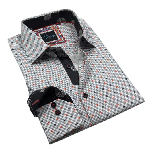 Folded dress shirt with a patterned collar and brand label on a white background