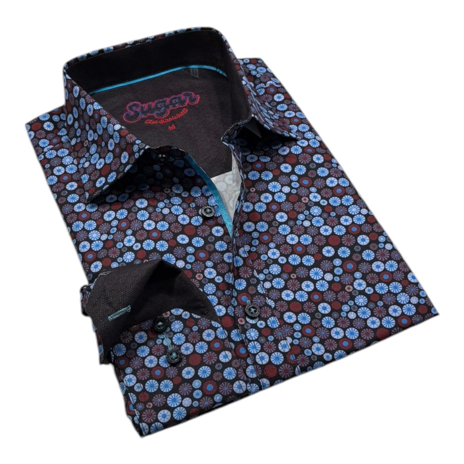 Folded floral-patterned shirt with brand name on a white background