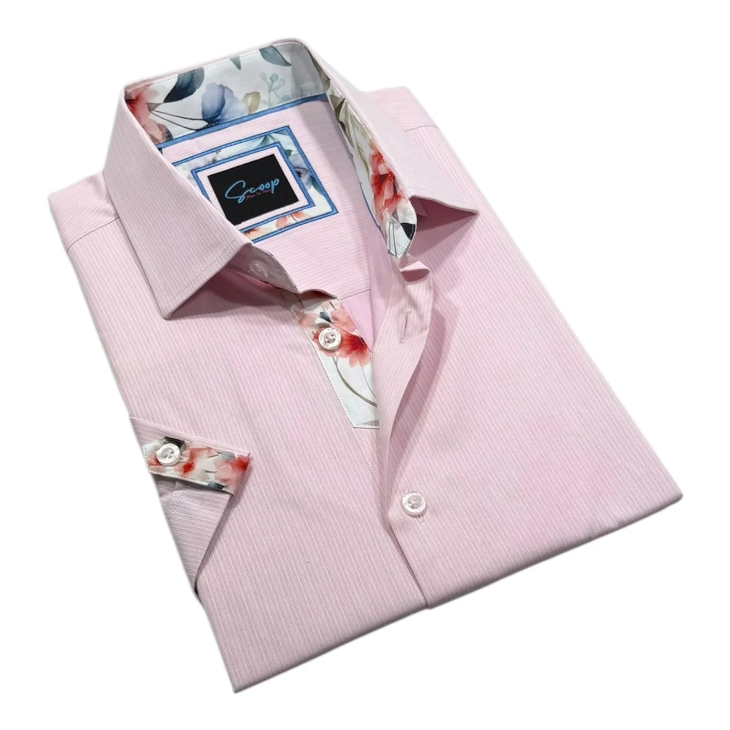 Pink dress shirt with floral pocket square and cuff on a white background