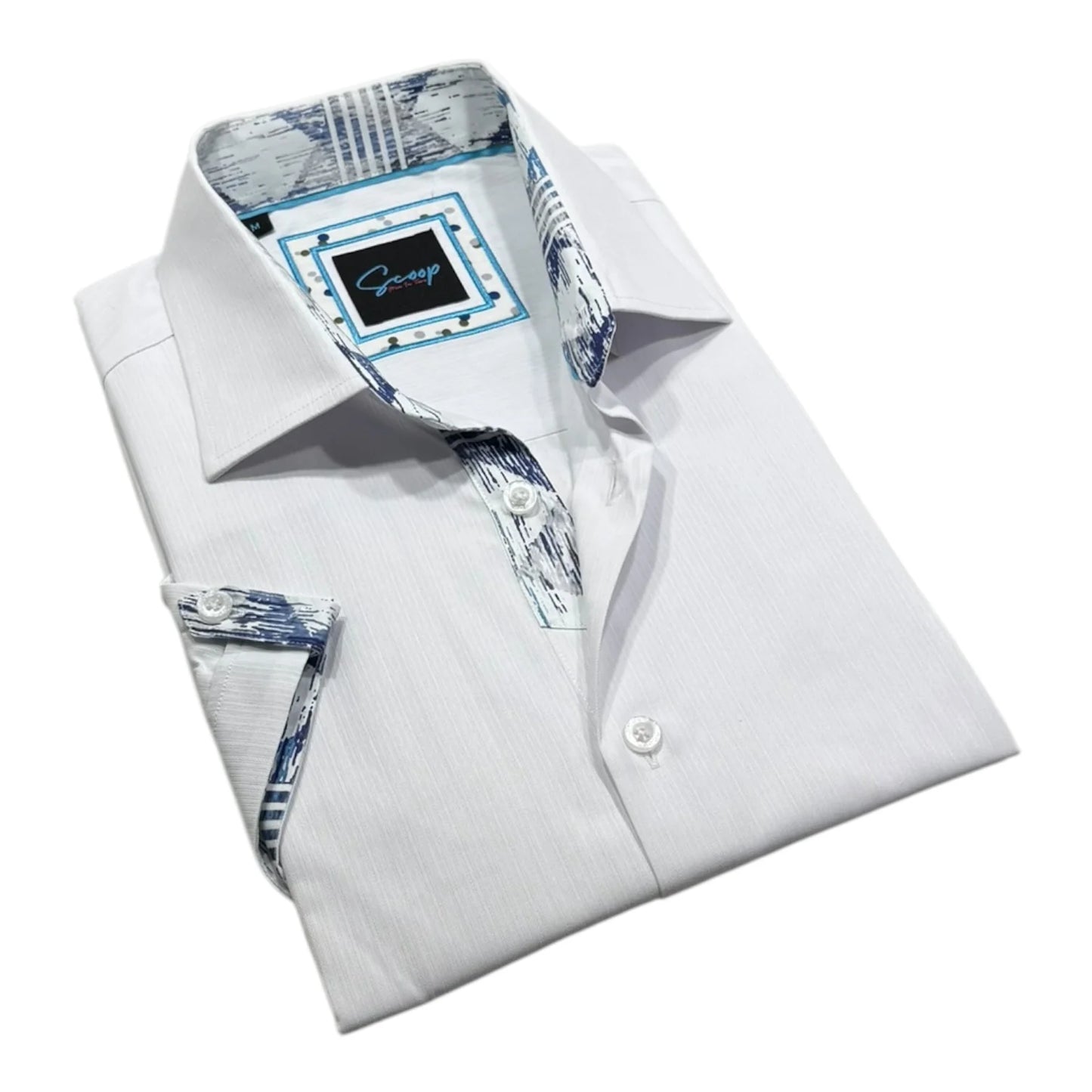 White dress shirt with patterned inner lining and cuffs on a white background