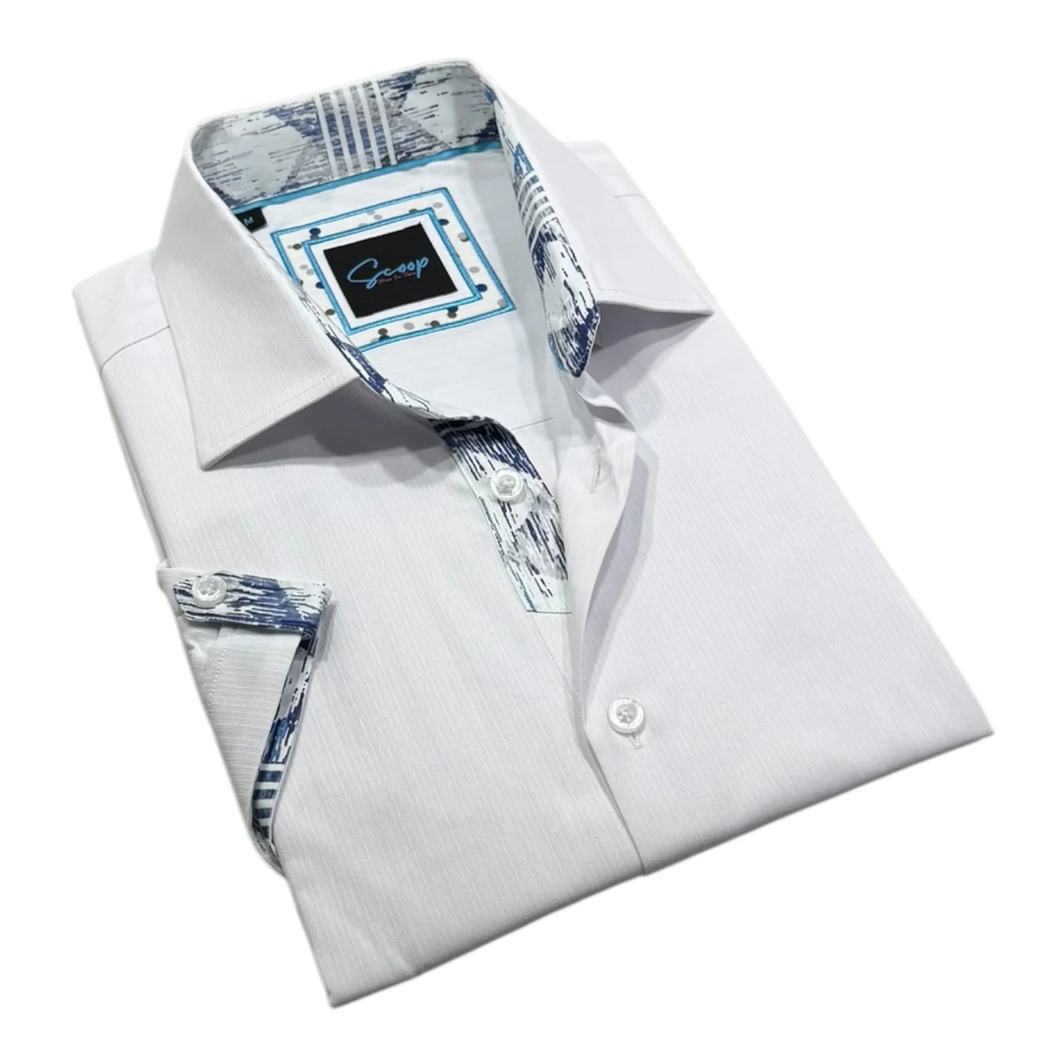 White dress shirt with patterned inner lining and cuffs on a white background