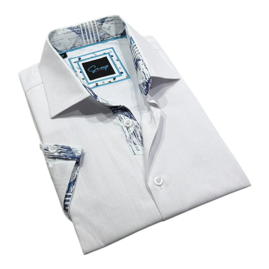 White dress shirt with patterned inner lining and cuffs on a white background