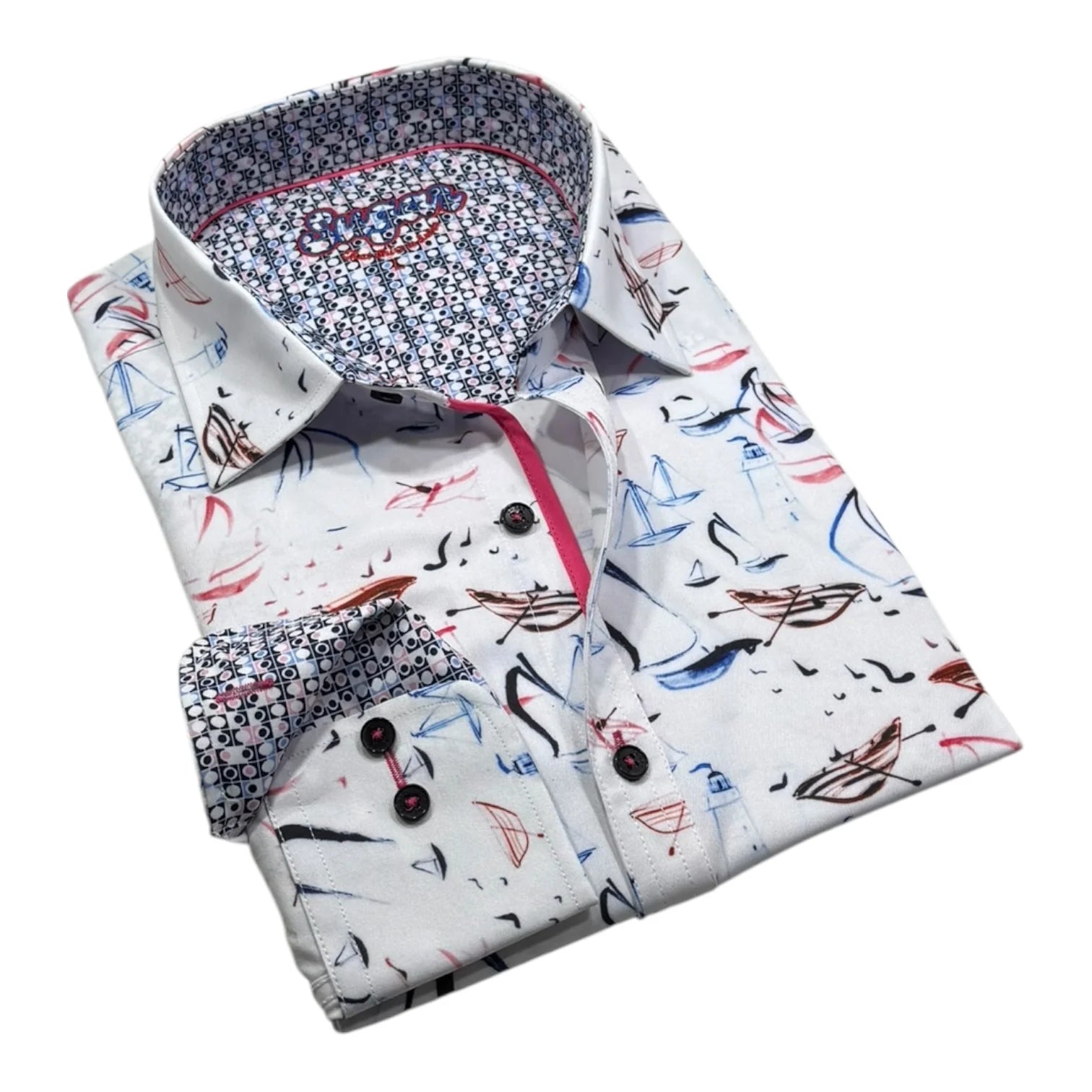 Folded shirt with colorful sailboat pattern on a white background