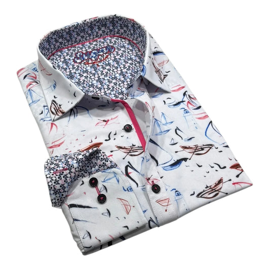 Folded shirt with colorful sailboat pattern on a white background