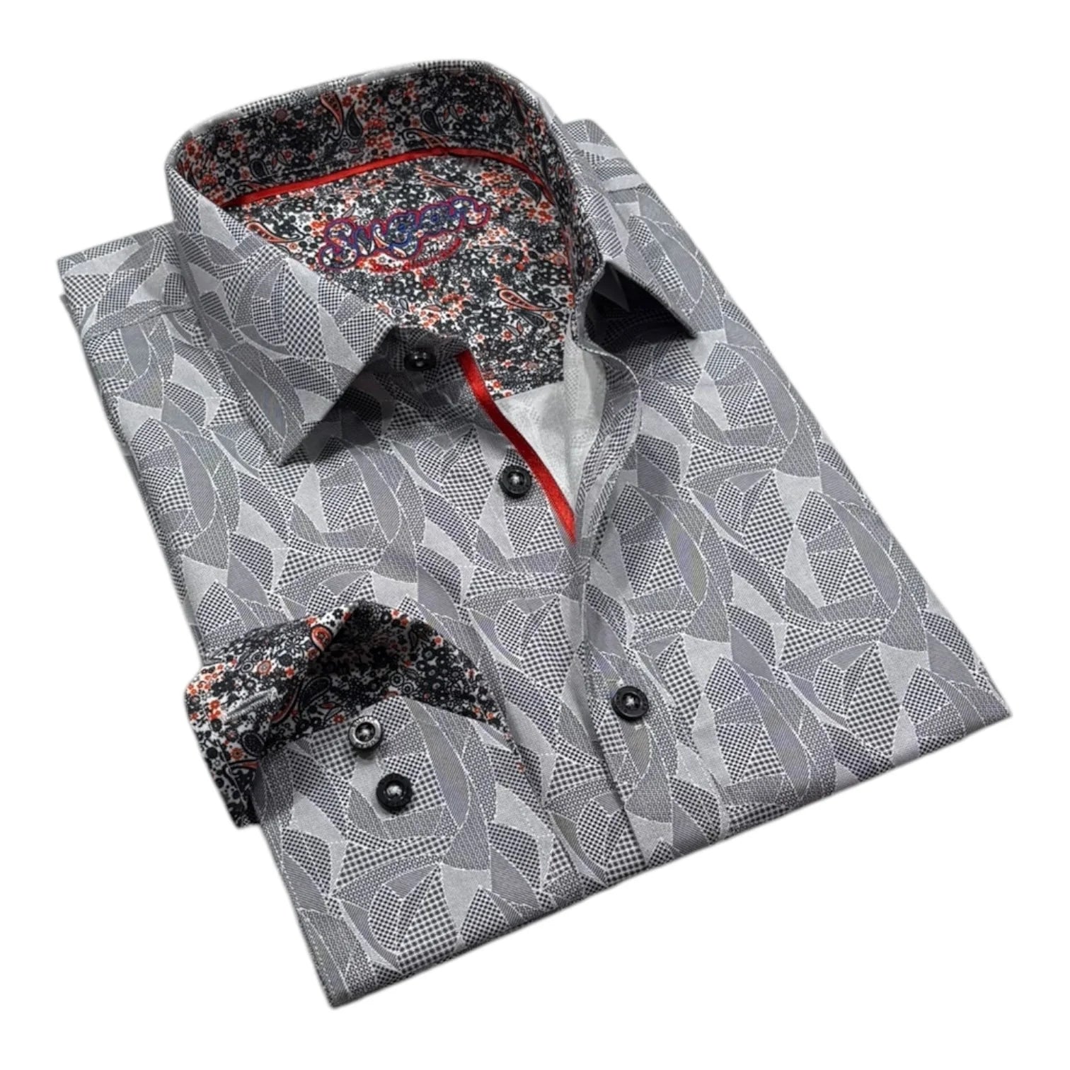 Gray patterned shirt with floral collar on a white background