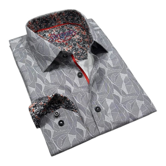 Gray patterned shirt with floral collar on a white background